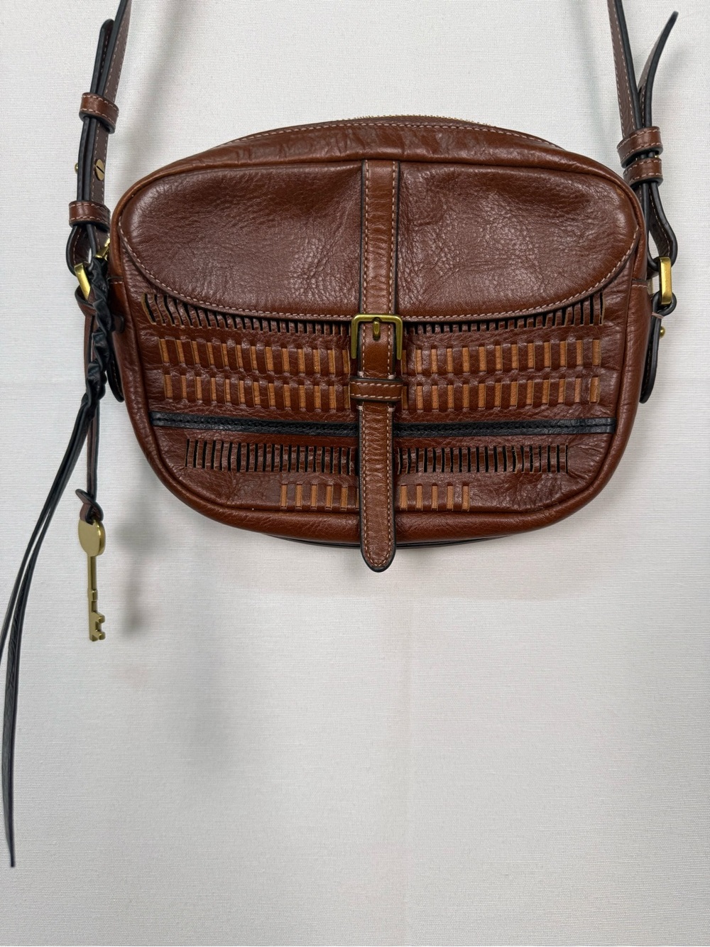 Fossil Chestnut Brown Leather Woven Crossbody Bag